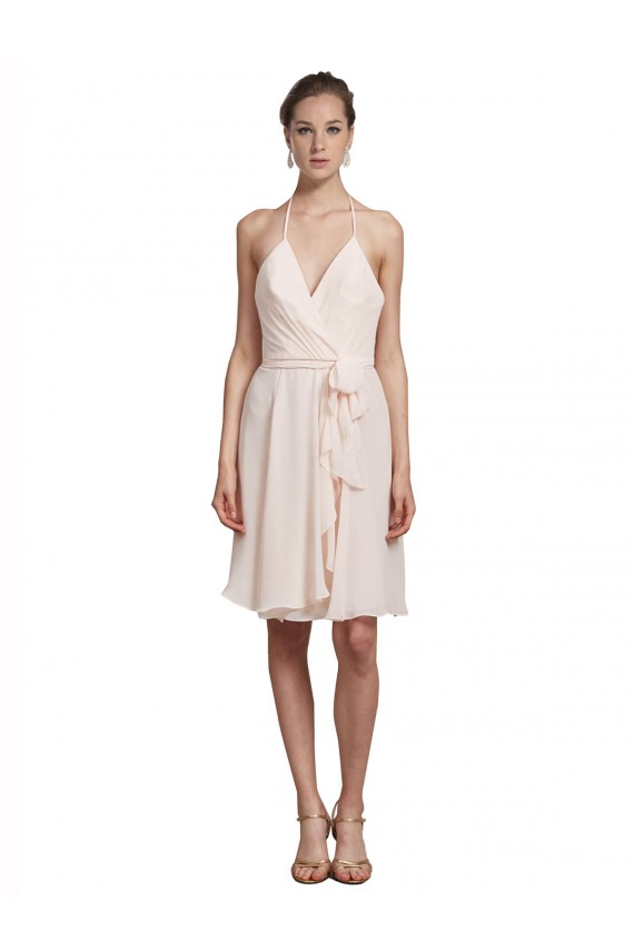 Discount Short Knee Length Wrap Chiffon Halter Bridesmaids Dress