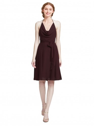 Discount Short Knee Length Chiffon Bridesmaids Dress with Halter Cowl Neck