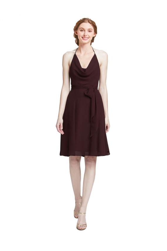 Discount Short Knee Length Chiffon Bridesmaids Dress with Halter Cowl Neck