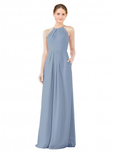 Discount Fitted Long High Halter Neck Chiffon Bridesmaid Dress with Keyhole Back
