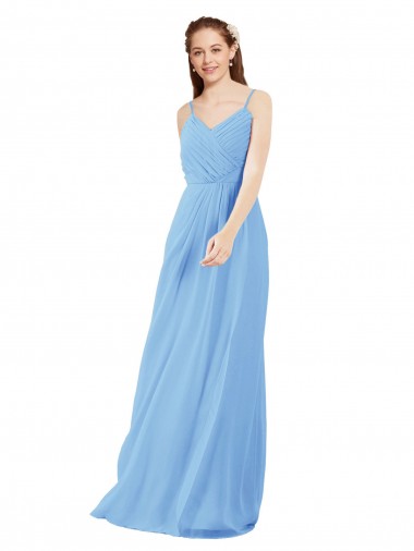 Discount Pleated Low Back Long V-Neck Chiffon Bridesmaid Dress with Thin Straps