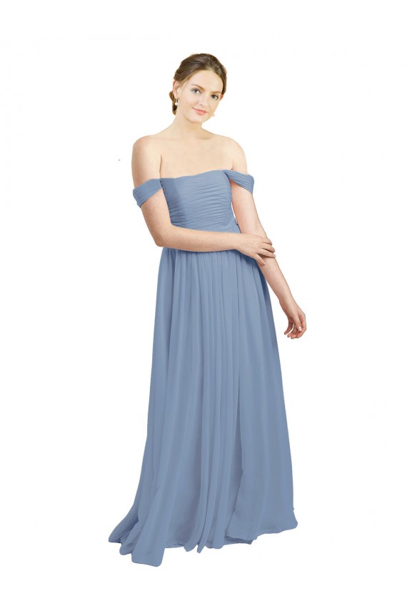 Discount Long Floor Length Chiffon Bridesmaid Dress with Fluttering Off the Shoulder Straps