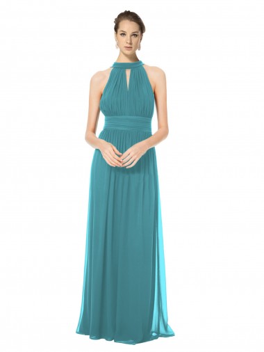Discount Ruched Long Chiffon Halter Bridesmaid Dress with Tie Back and Tails