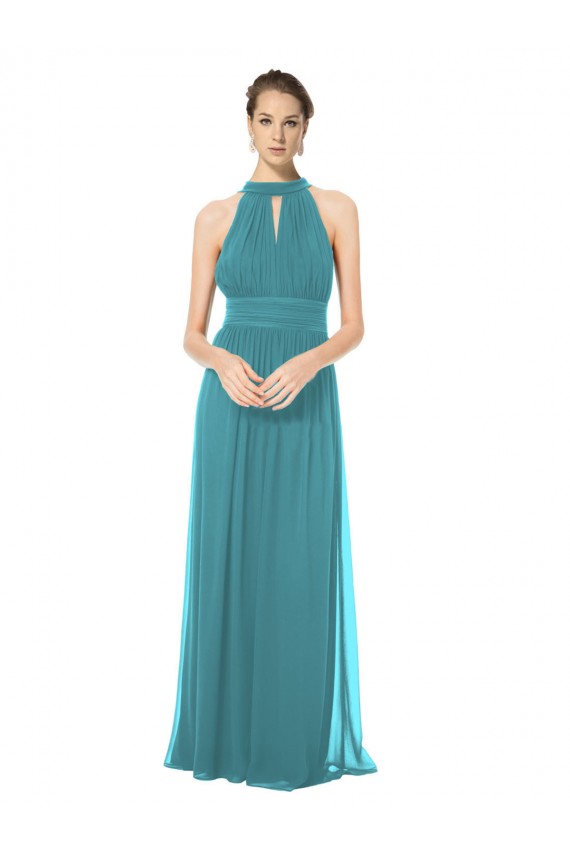 Discount Ruched Long Chiffon Halter Bridesmaid Dress with Tie Back and Tails