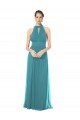 Discount Ruched Long Chiffon Halter Bridesmaid Dress with Tie Back and Tails