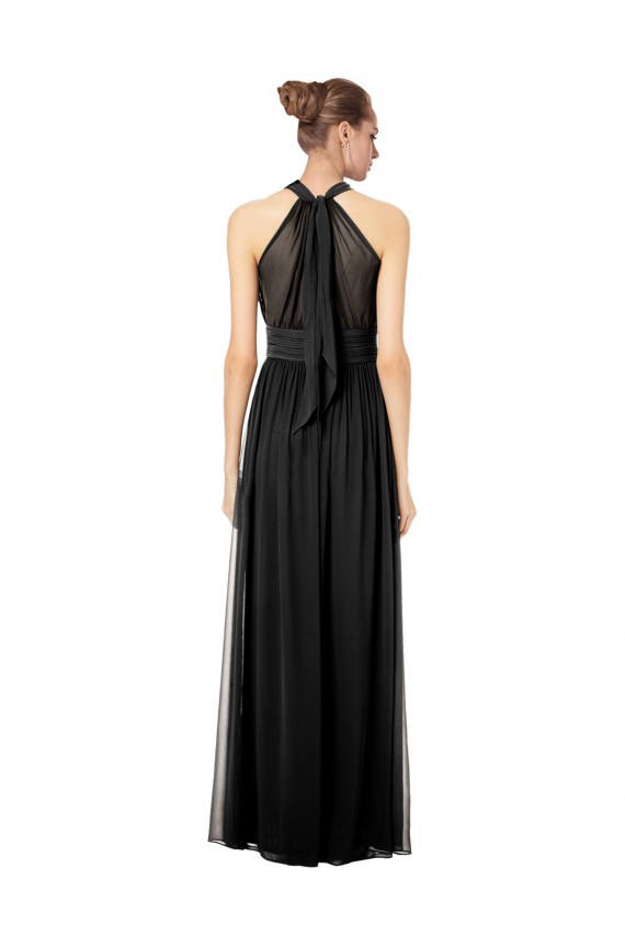 Discount Ruched Long Chiffon Halter Bridesmaid Dress with Tie Back and Tails