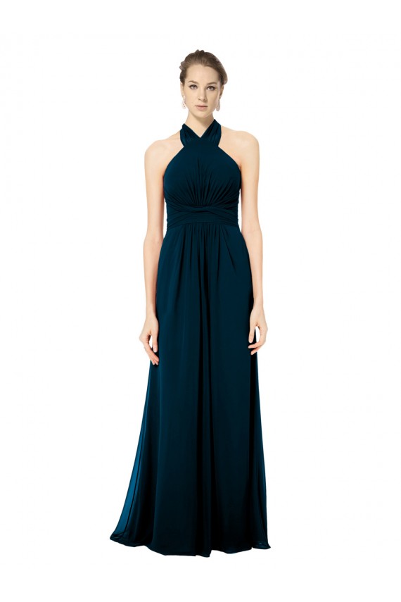 Discount Keyhole Back Long Chiffon Halter Dress with Halter Straps Cross Neck