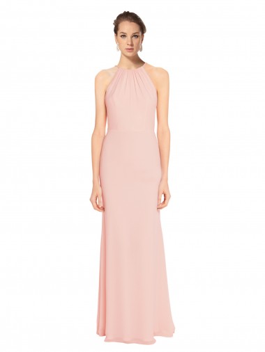 Discount High Neck Long Chiffon Halter Bridesmaid Dress with Drape Chiffon Overlay