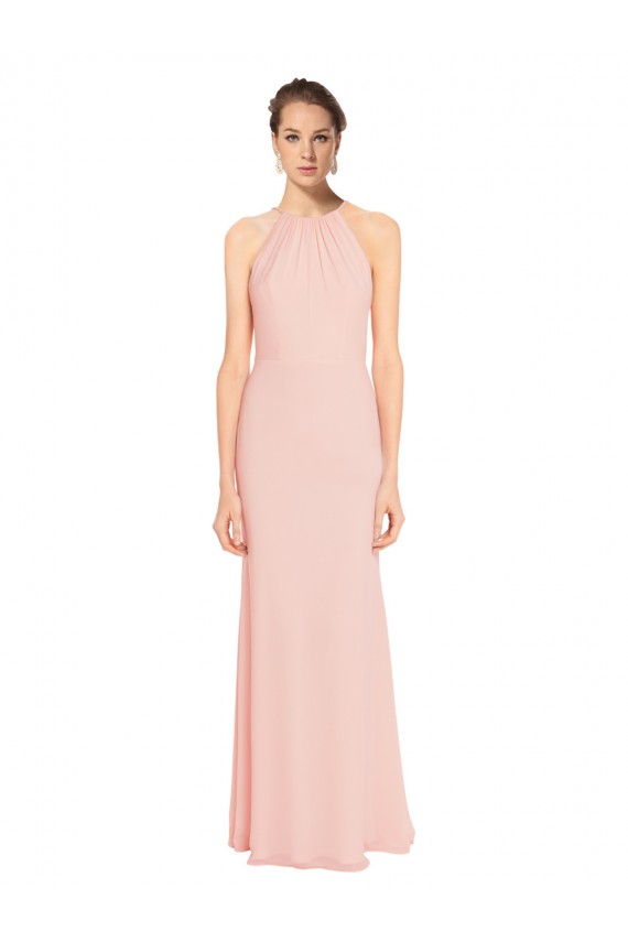 Discount High Neck Long Chiffon Halter Bridesmaid Dress with Drape Chiffon Overlay