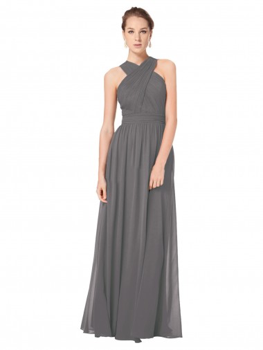 Discount Long Chiffon Halter Bridesmaid Dress Keyhole Back