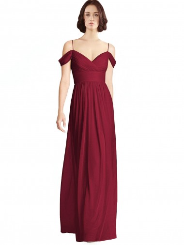 Discount Off the Shoulder Long Chiffon Bridesmaid Dress with Pleated Sleeves