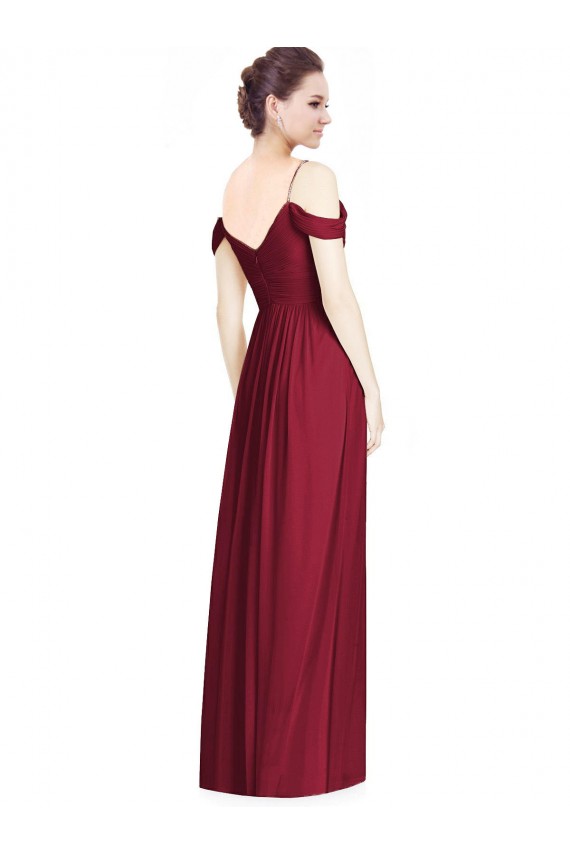 Discount Off the Shoulder Long Chiffon Bridesmaid Dress with Pleated Sleeves
