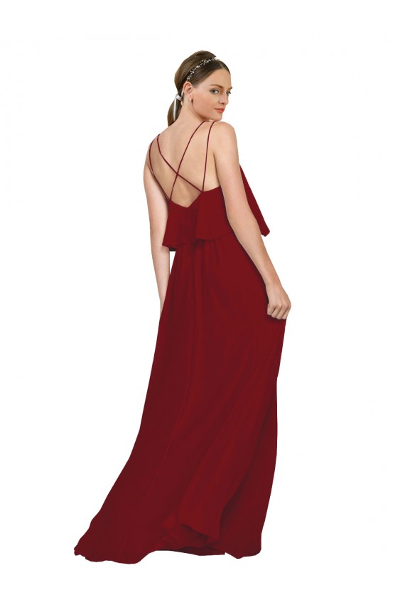 Discount Long Chiffon Bridesmaid Dress with Slim Straps and Open Back