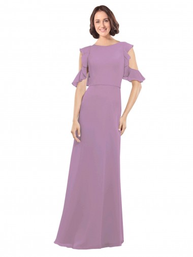 Discount Long Chiffon Bridesmaids Dress with Flounced Sleeve Detail and Criss Cross Back