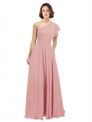 Discount Chiffon Bridesmaids Dress with One Shoulder Flounced Sleeve
