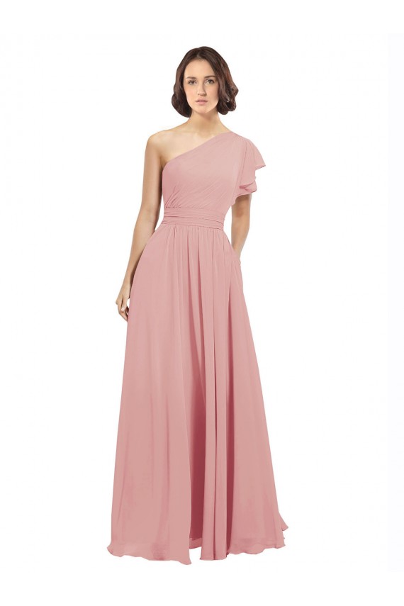 Discount Chiffon Bridesmaids Dress with One Shoulder Flounced Sleeve