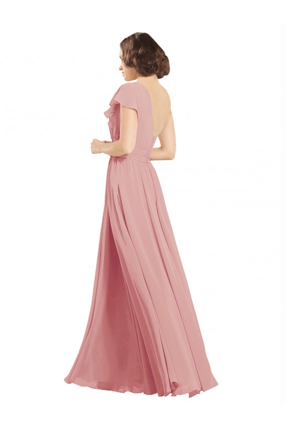 Discount Chiffon Bridesmaids Dress with One Shoulder Flounced Sleeve