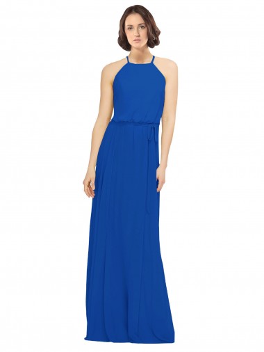 Discount Long Jewel Neckline Chiffon Bridesmaids Dress wit Chiffon Tie Sash