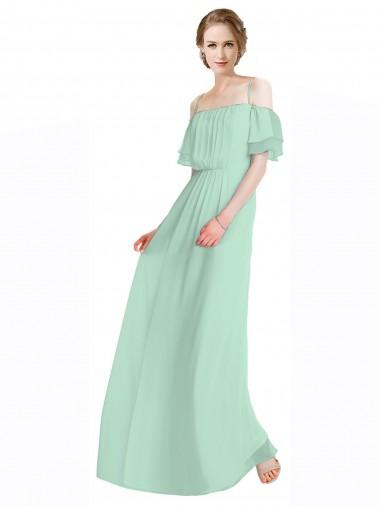 Discount Spaghetti Straps Long Chiffon Off-The-Shoulder Bridesmaid Dress with Double Flounce Sleeves