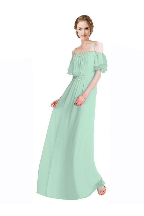 Discount Spaghetti Straps Long Chiffon Off-The-Shoulder Bridesmaid Dress with Double Flounce Sleeves