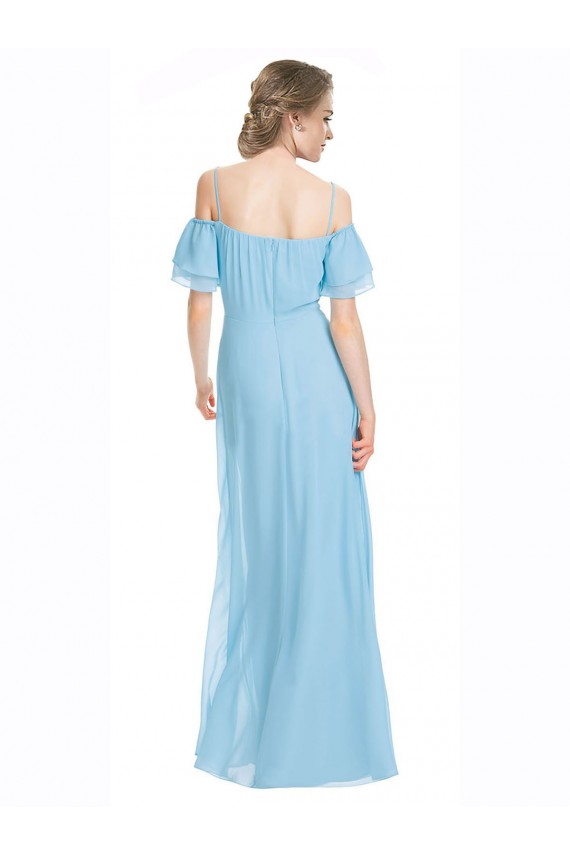 Discount Spaghetti Straps Long Chiffon Off-The-Shoulder Bridesmaid Dress with Double Flounce Sleeves