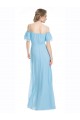 Discount Spaghetti Straps Long Chiffon Off-The-Shoulder Bridesmaid Dress with Double Flounce Sleeves