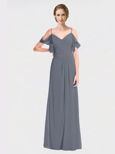 Discount Long Chiffon Spaghetti Strap V-Neck Bridesmaid Dress with Off-The-Shoulder Flutter Sleeves