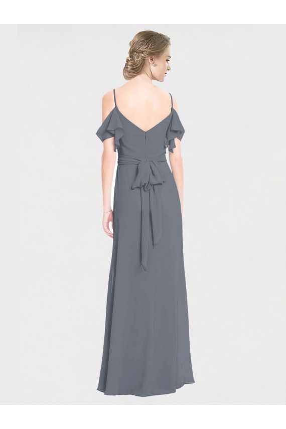 Discount Long Chiffon Spaghetti Strap V-Neck Bridesmaid Dress with Off-The-Shoulder Flutter Sleeves