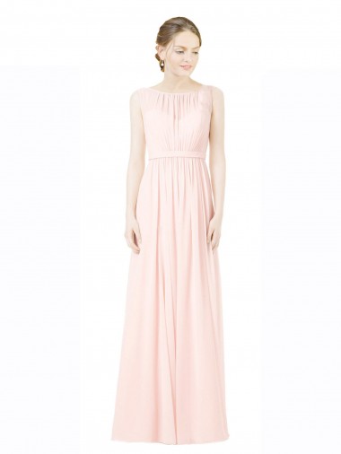 Discount Long Chiffon Sleeveless Bridesmaid Dress with Sheer Illusion Top and V-Back