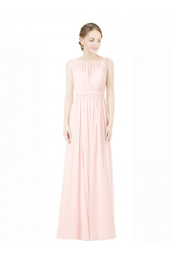 Discount Long Chiffon Sleeveless Bridesmaid Dress with Sheer Illusion Top and V-Back