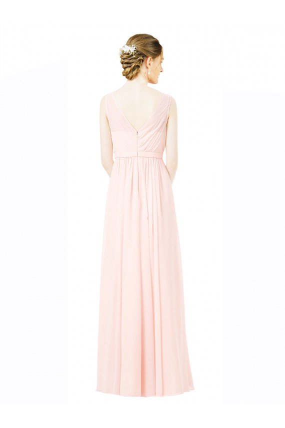 Discount Long Chiffon Sleeveless Bridesmaid Dress with Sheer Illusion Top and V-Back