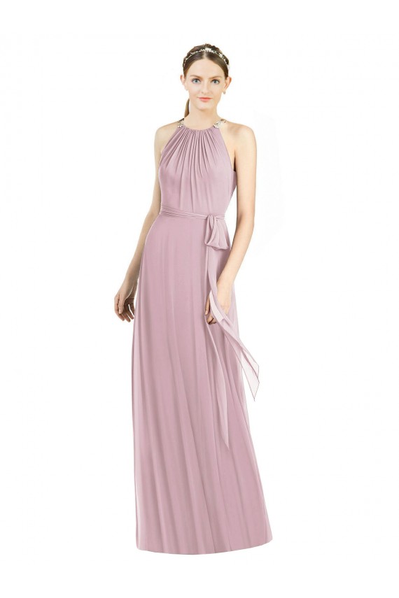 Discount Shirred Halter Neck Long Chiffon Bridesmaid Dress