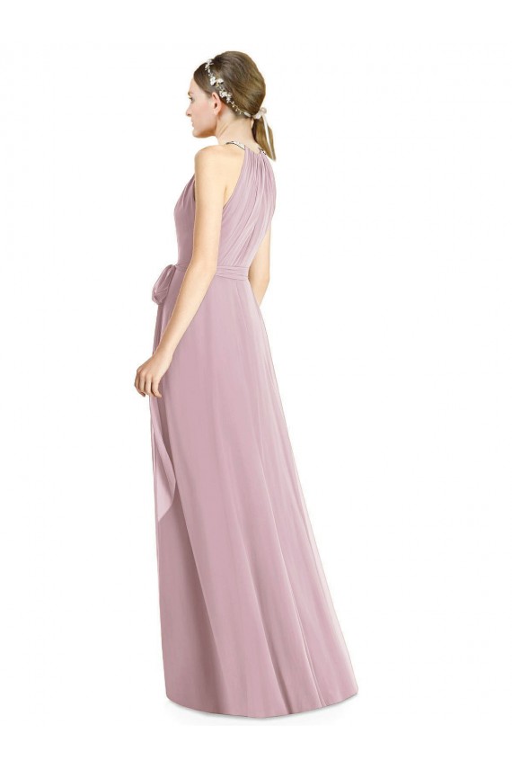 Discount Shirred Halter Neck Long Chiffon Bridesmaid Dress