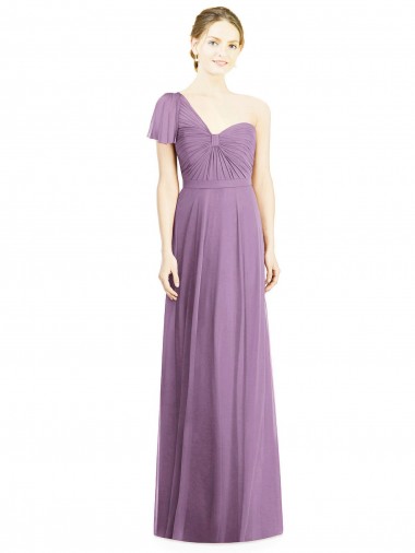 Discount Flutter Sleeves One Shoulder Long Chiffon Bridesmaid Dress