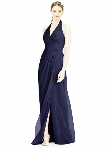 Discount V-Neck Halter Chiffon Bridesmaid Dress with Side Front Slit