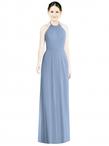 Discount Halter Neck Tie Back Long Chiffon Bridesmaid Dress