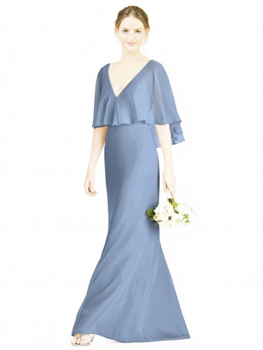 Discount V-Back Trumpet Chiffon Bridesmaid Dress with Draped Cape Overlay