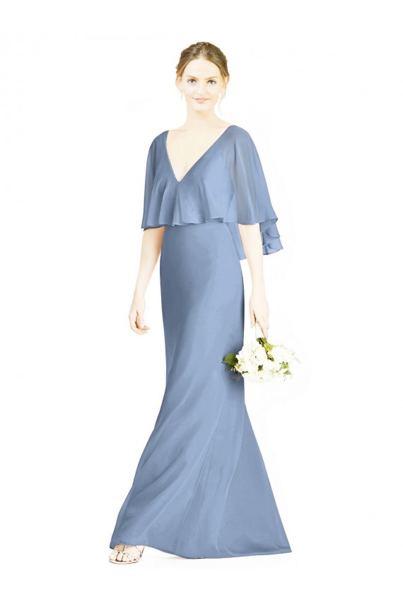 Discount V-Back Trumpet Chiffon Bridesmaid Dress with Draped Cape Overlay