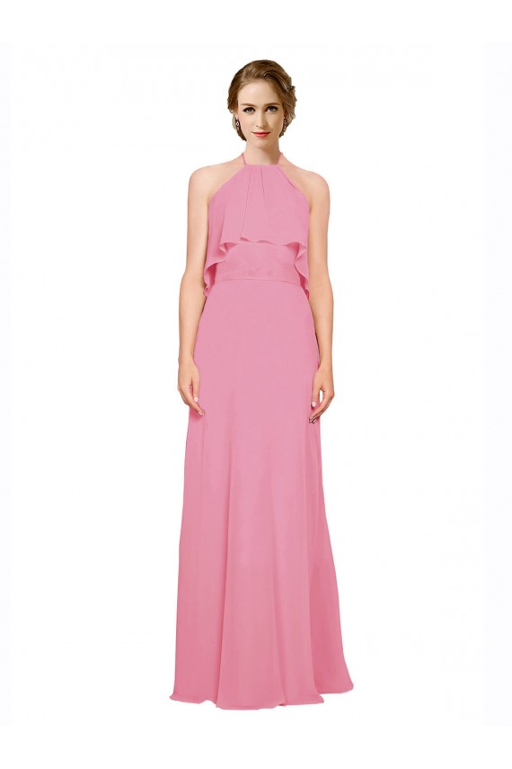 Discount Ruffle Halter Neck A-Line Chiffon Bridesmaid Dress with Open Back