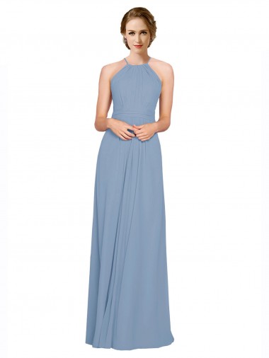 Discount Pleated Halter Neckline A-Line Chiffon Bridesmaid with Criss Cross Back