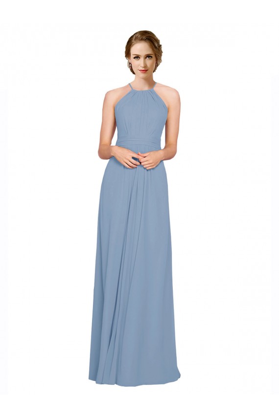 Discount Pleated Halter Neckline A-Line Chiffon Bridesmaid with Criss Cross Back
