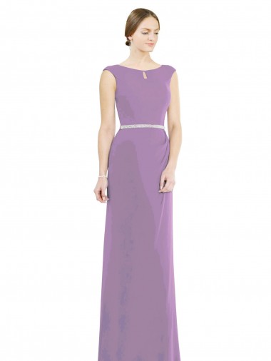 Discount Long Chiffon Bridesmaid Dress with Boat Neckline and Keyhole