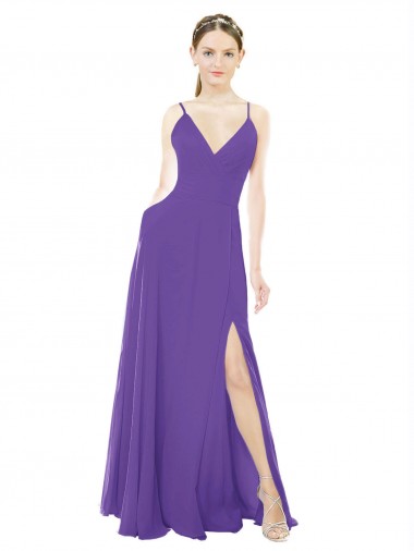 Discount Long Chiffon A-Line Bridesmaid Dress with Deep V-Neckline and Side Slit