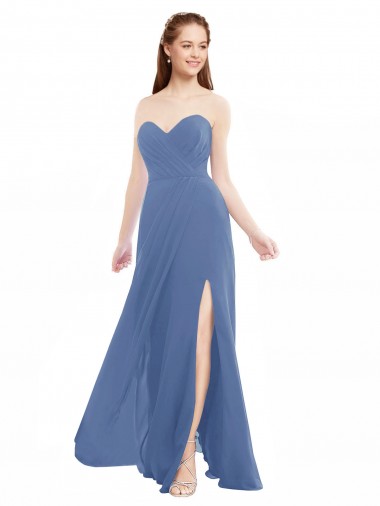 Discount Classic Strapless Bridesmaids Dress with Draped Sweetheart Bodice and Side Slit