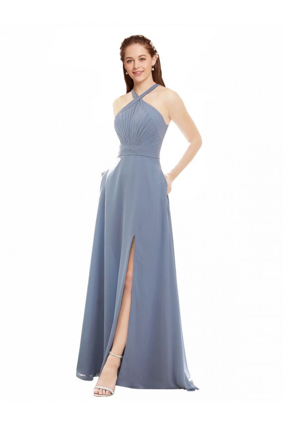 Discount High Neck Chiffon Bridesmaid Dress with Draped Bodice & Pockets