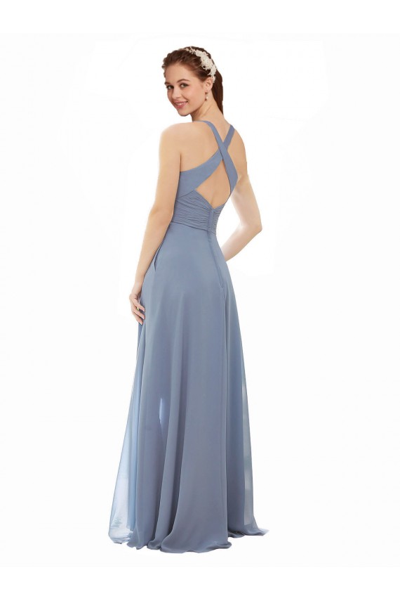 Discount High Neck Chiffon Bridesmaid Dress with Draped Bodice & Pockets