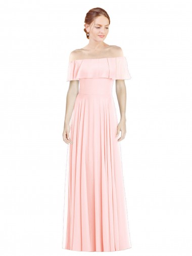 Discount Off the Shoulder Long Bridesmaid Dress With Ruffle Overlay