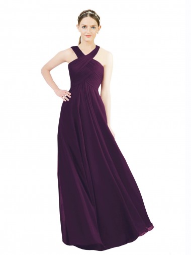 Discount Draped Long Chiffon Bridesmaid Dress with Unique Crossed Neckline