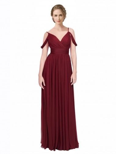Discount Off the Shoulder V-Neck Petite Chiffon Bridesmaid Dress with Open Back
