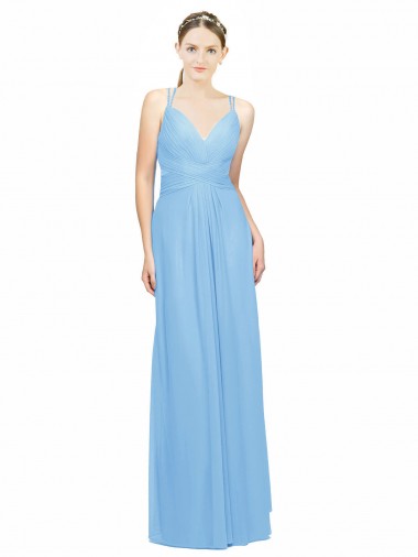 Discount Double Straps Shoulder V-Neck Sheath Chiffon Bridesmaid Dress with Keyhole Back